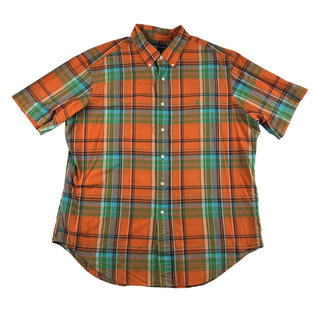 Ralph Lauren Shirt Mens XL Orange Plaid Short Sleeve Button Down Classic FLAW